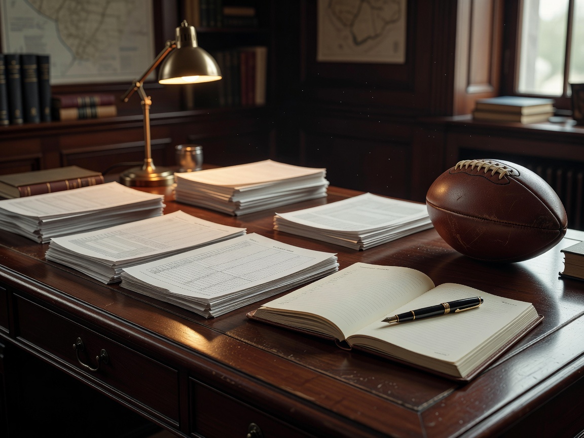 Sophisticated football editorial desk with printed fixture sheets and notebook