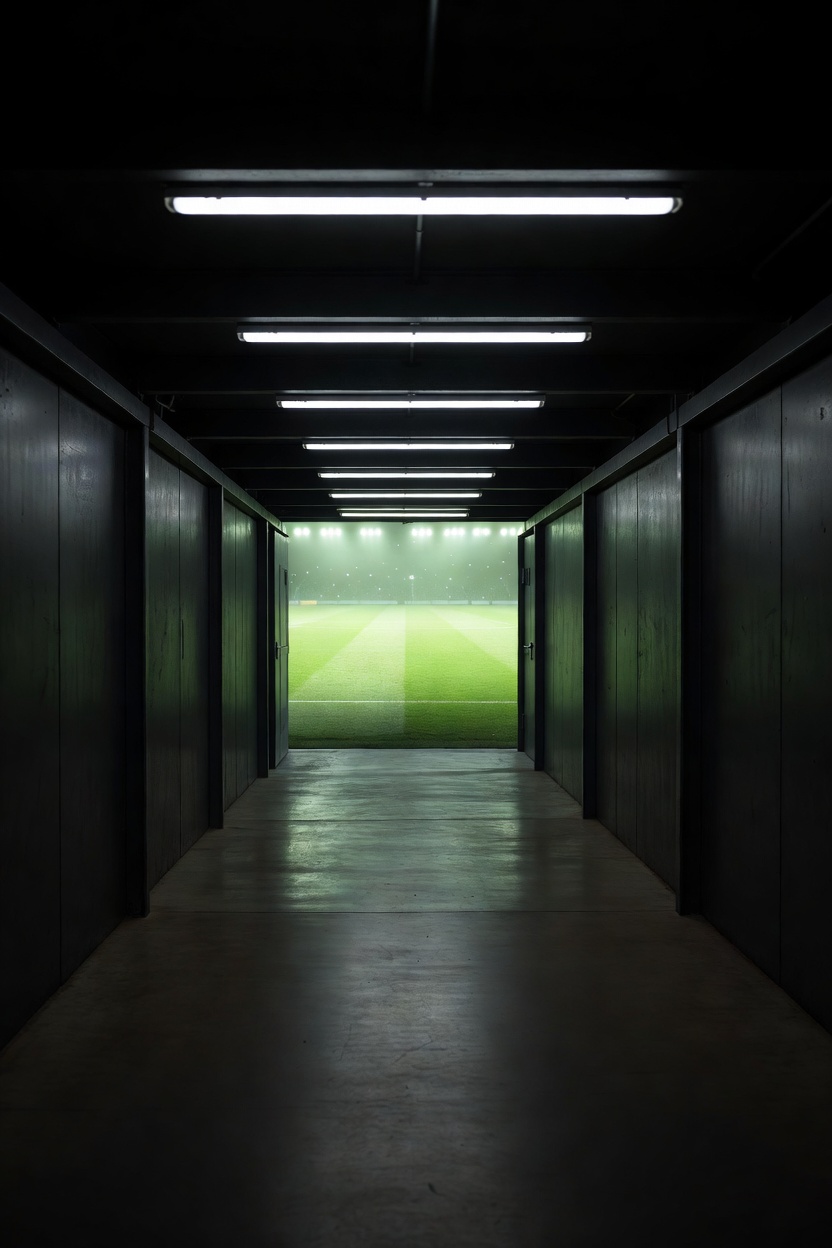 Empty professional football players tunnel leading toward pitch at night