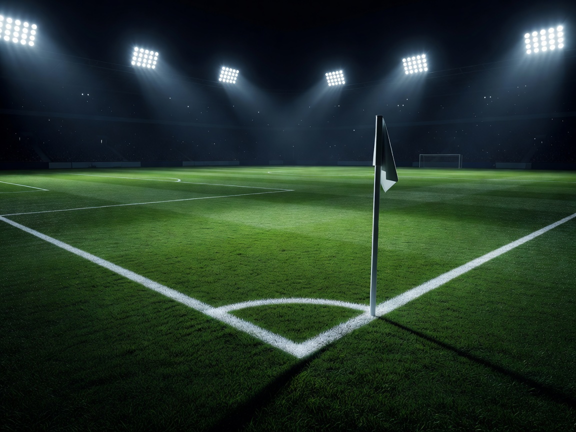 Close editorial view of a football pitch corner at night under stadium lights