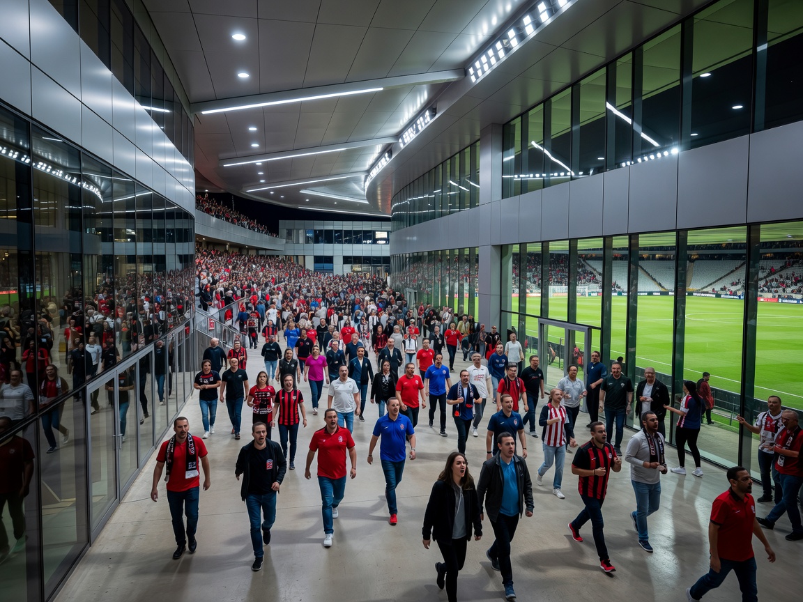 Modern football stadium concourse at night before a major match